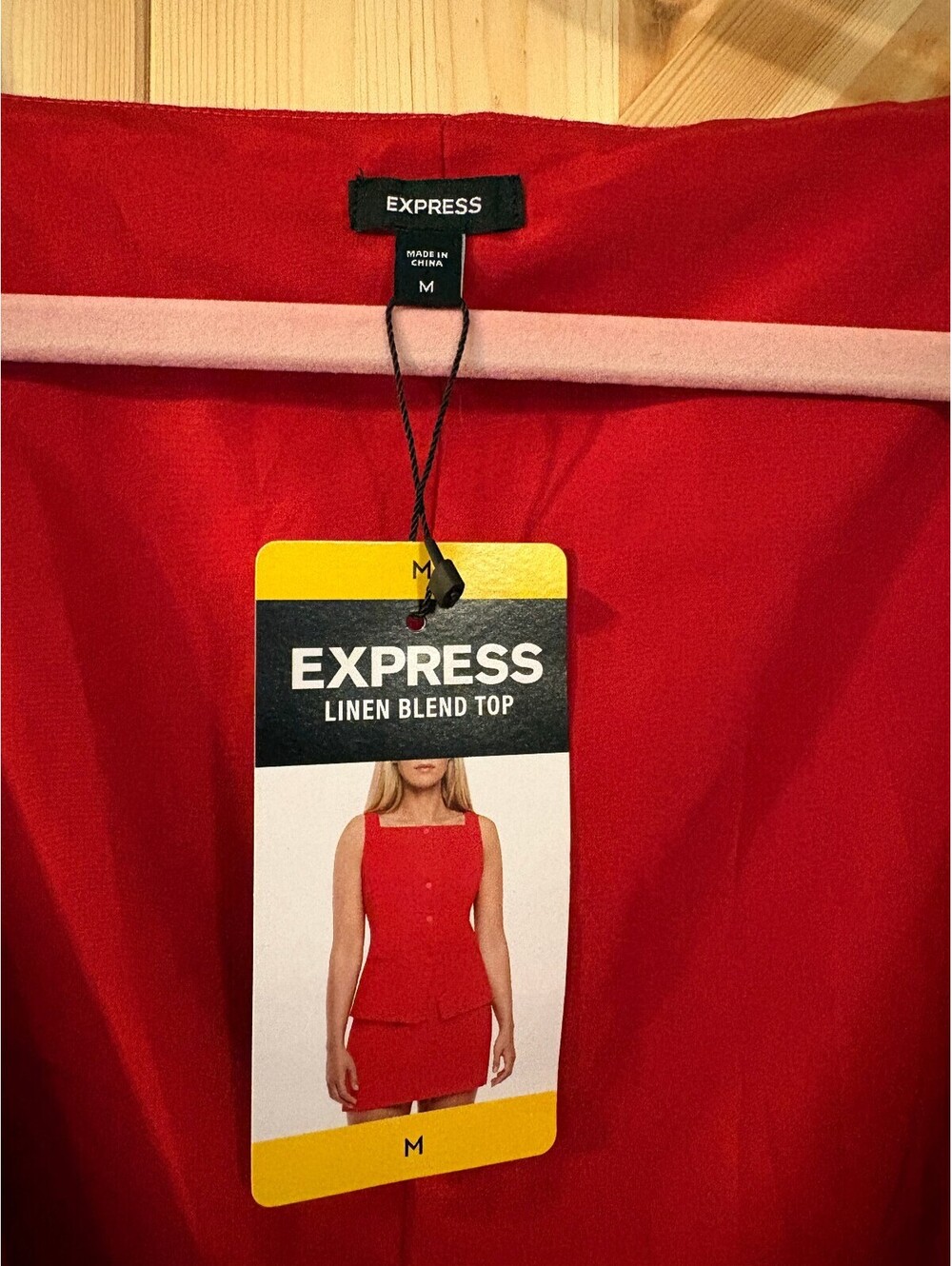 Express Red Linen Blend Button-Front Top, Size M - Picture 4 of 11